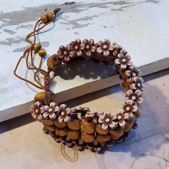 90s Y2K Vintage Brown Wood Mauve Purple Acrylic Flower Beads Adjustable Bracelet - Picture 8 of 10